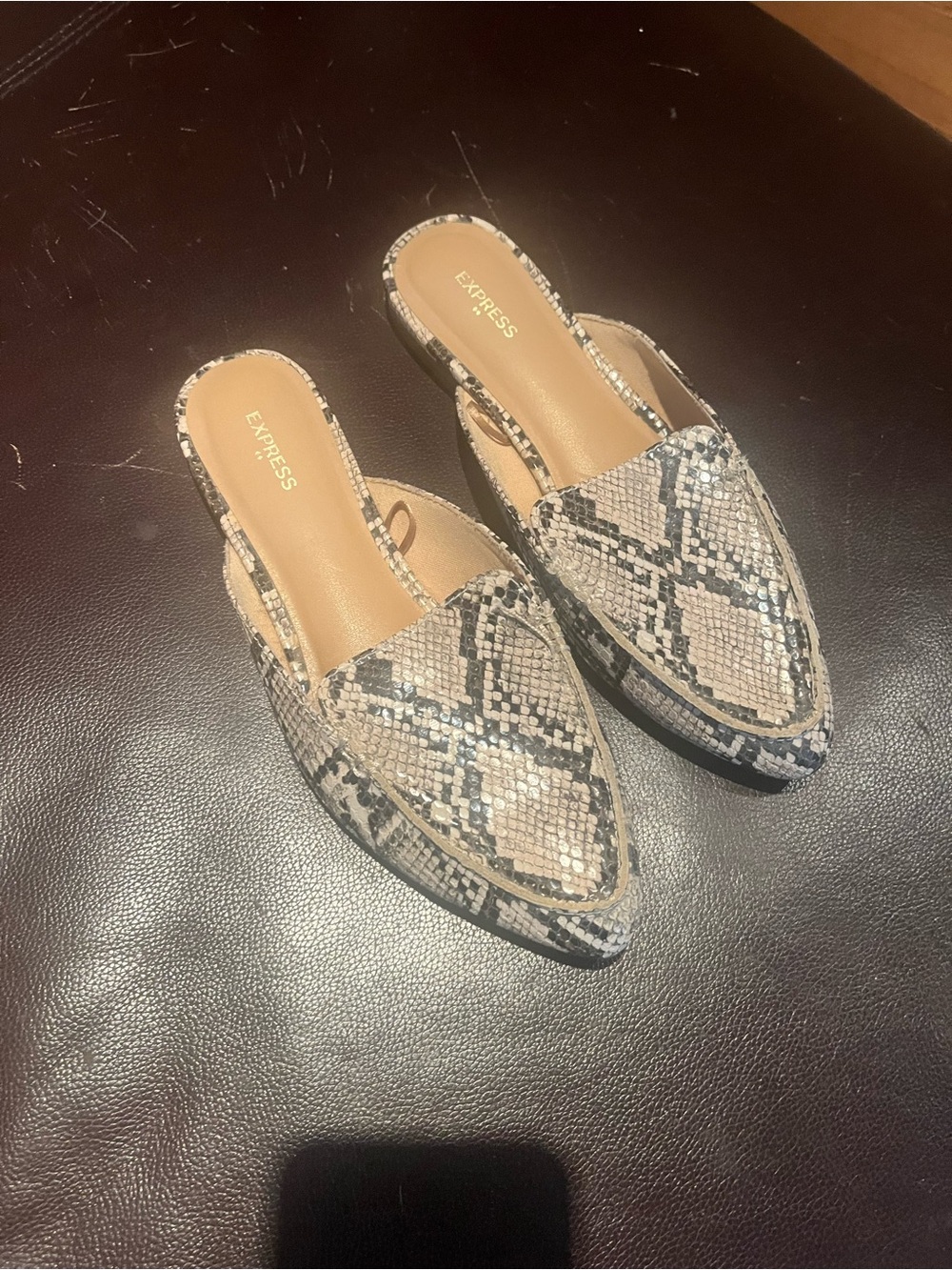 Express Snake-Print Pointed Slip-On Mules in Beige and Black